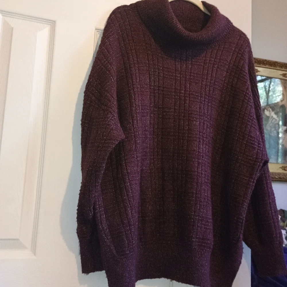 Lucky Brand Women’s Oversized‎ Mock Neck Sweater Wine Textured Knit Size Medium